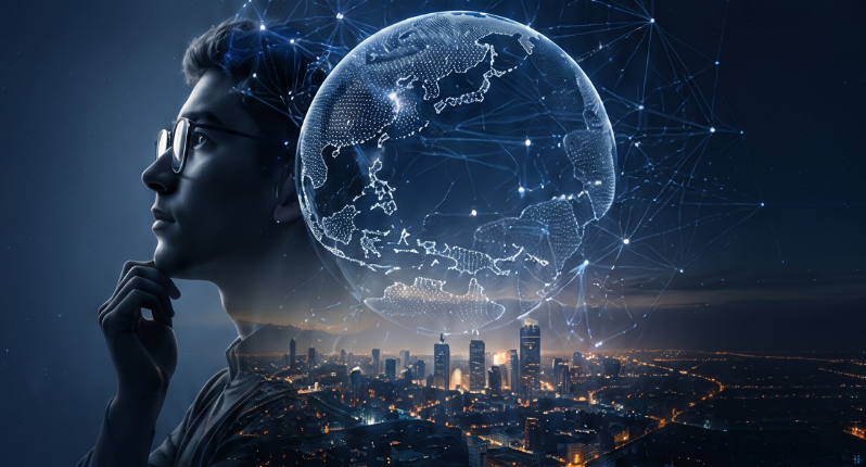 Student looking toward a futuristic digital globe and smart city