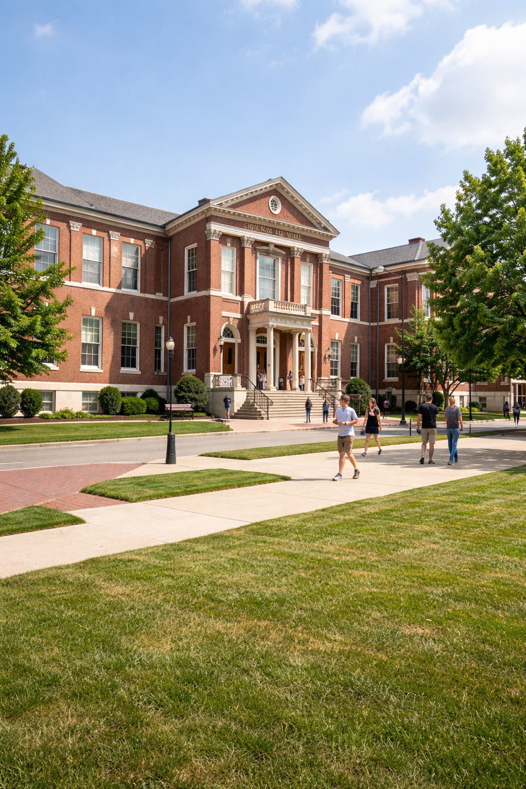 Historic multi-story building with arched windows and people looking out